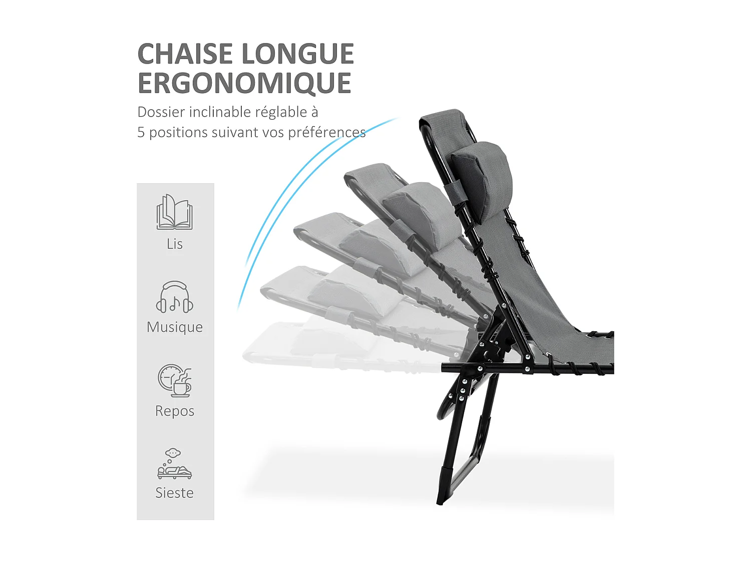 Bain de soleil transat pliable avec poignée - dossier inclinable multi-positions, pochette, tétière - acier époxy noir lacets élastiques textilène gris