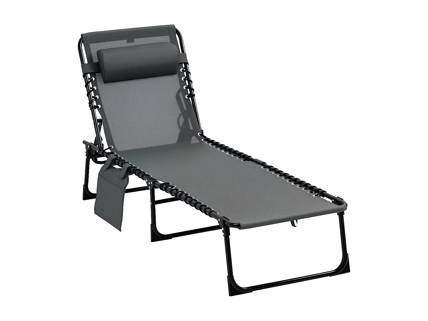 Bain de soleil transat pliable avec poignée - dossier inclinable multi-positions, pochette, tétière - acier époxy noir lacets élastiques textilène gris