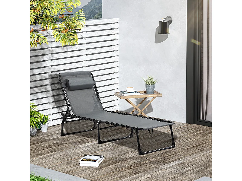 Bain de soleil transat pliable avec poignée - dossier inclinable multi-positions, pochette, tétière - acier époxy noir lacets élastiques textilène gris