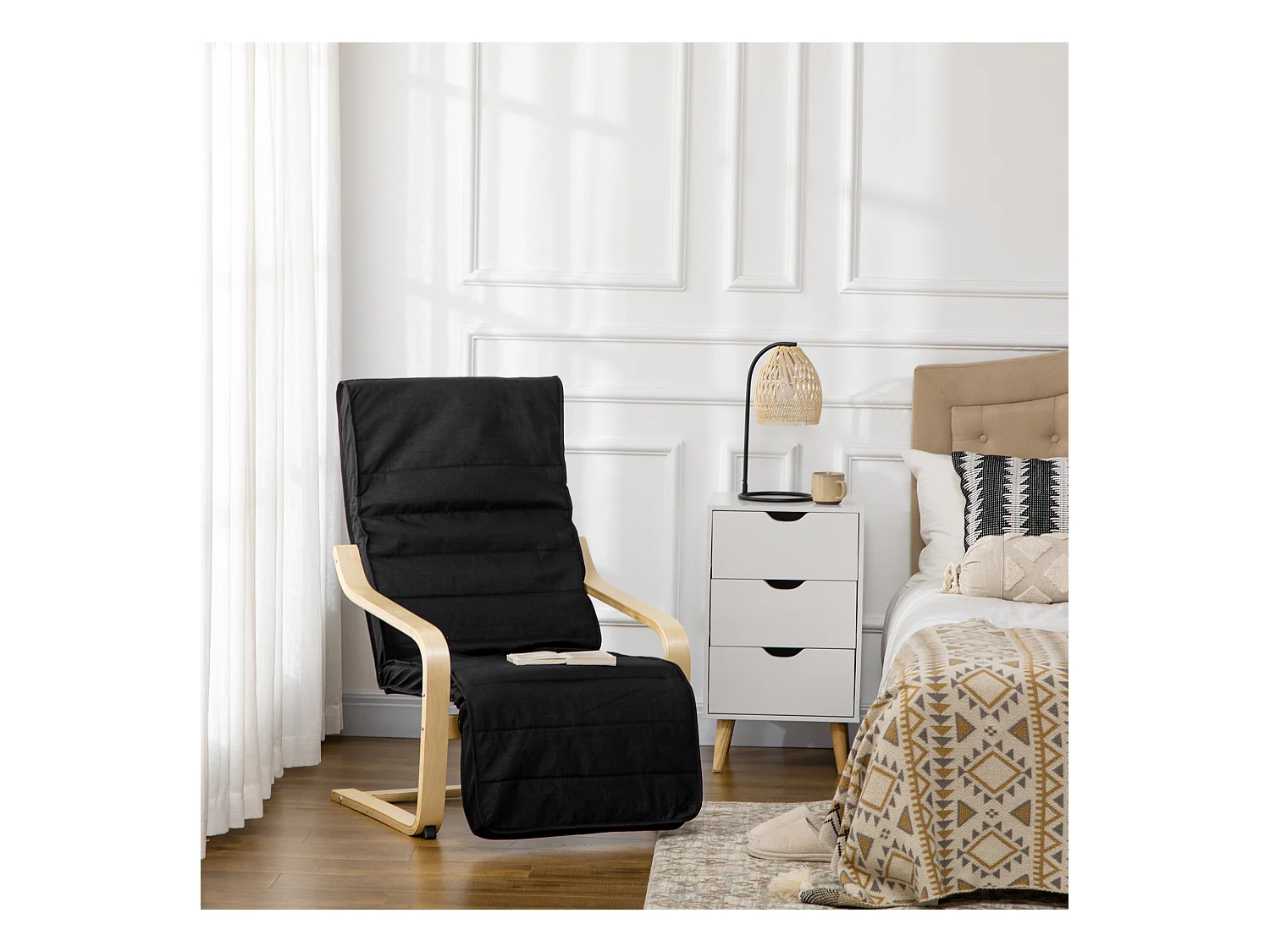 Fauteuil style nordique - repose-pied réglable - déhoussable - bois de bouleau tissu noir