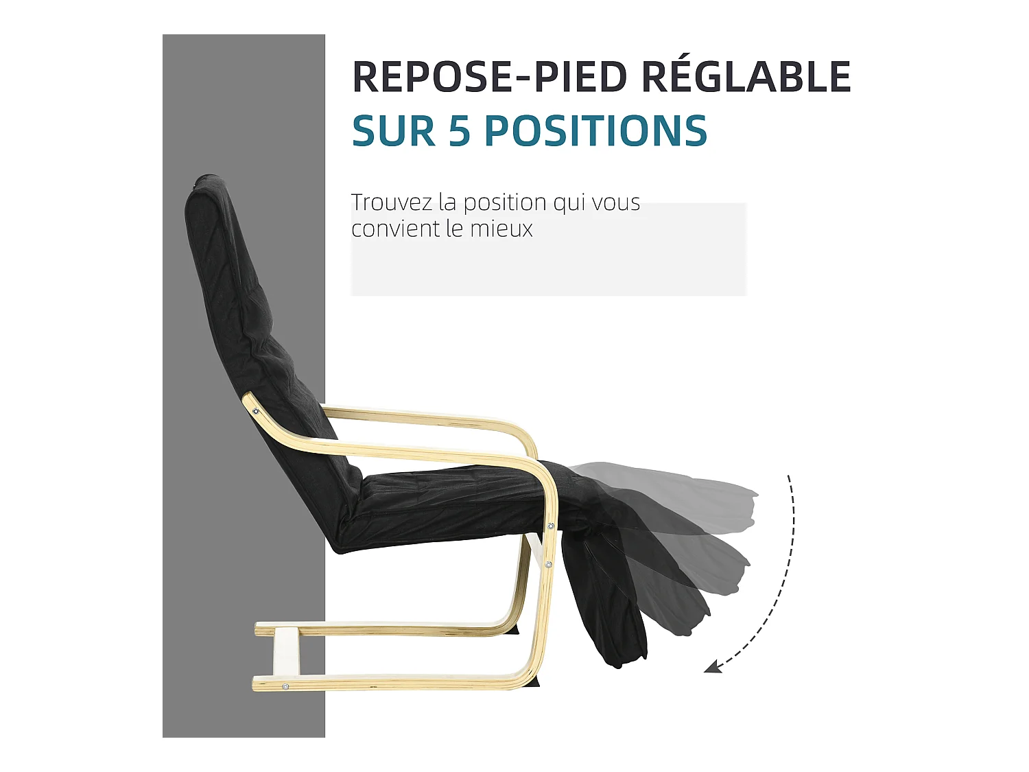 Fauteuil style nordique - repose-pied réglable - déhoussable - bois de bouleau tissu noir