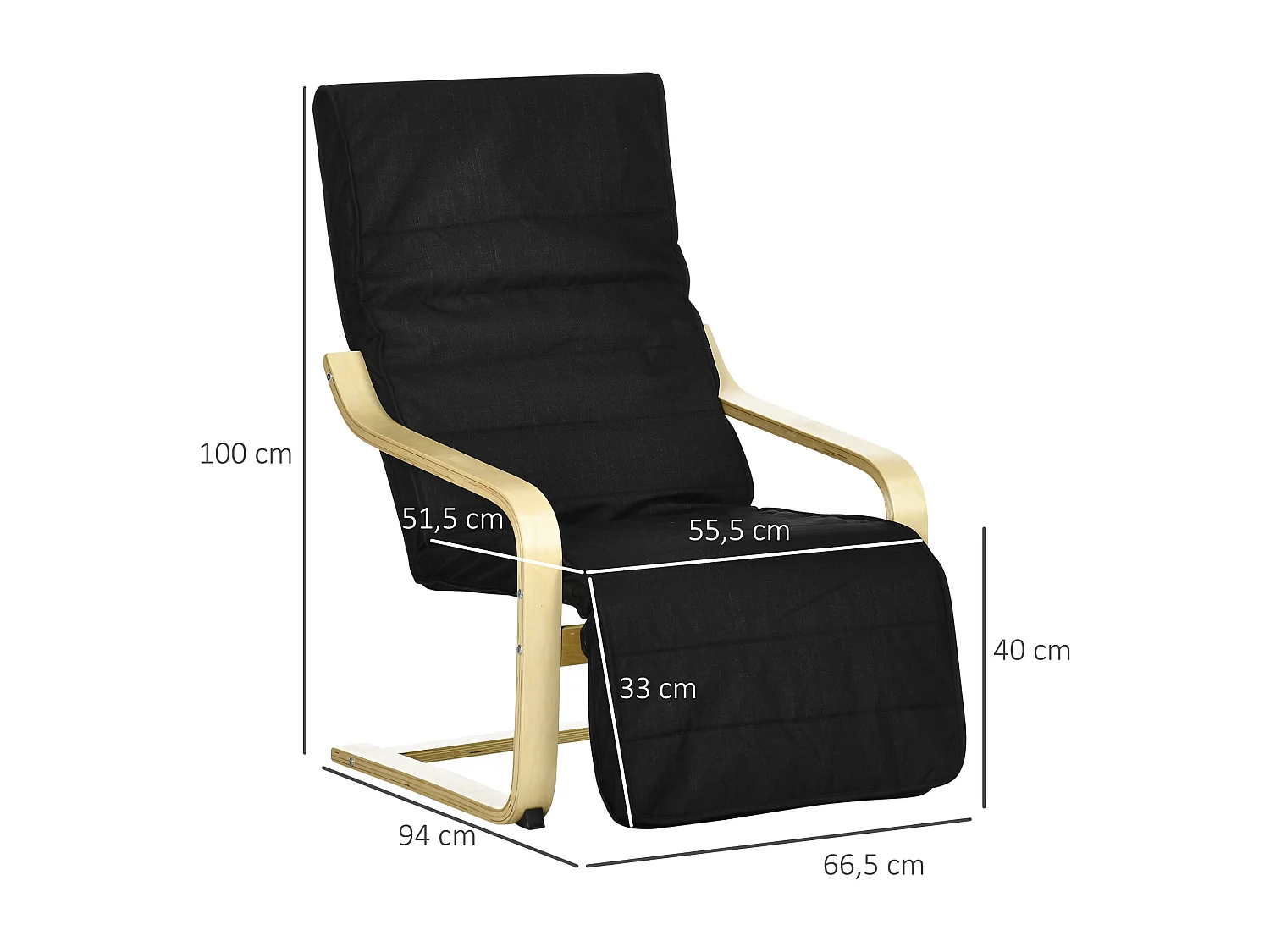 Fauteuil style nordique - repose-pied réglable - déhoussable - bois de bouleau tissu noir