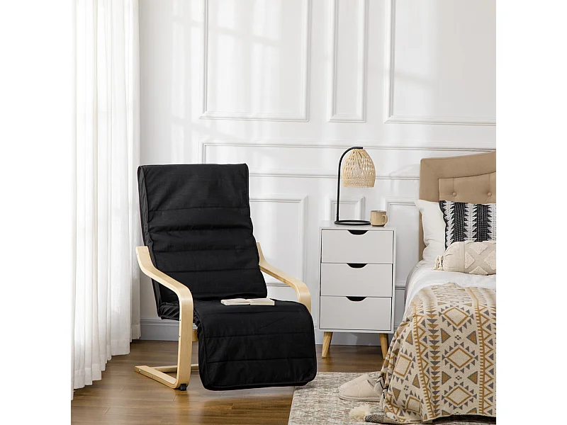 Fauteuil style nordique - repose-pied réglable - déhoussable - bois de bouleau tissu noir