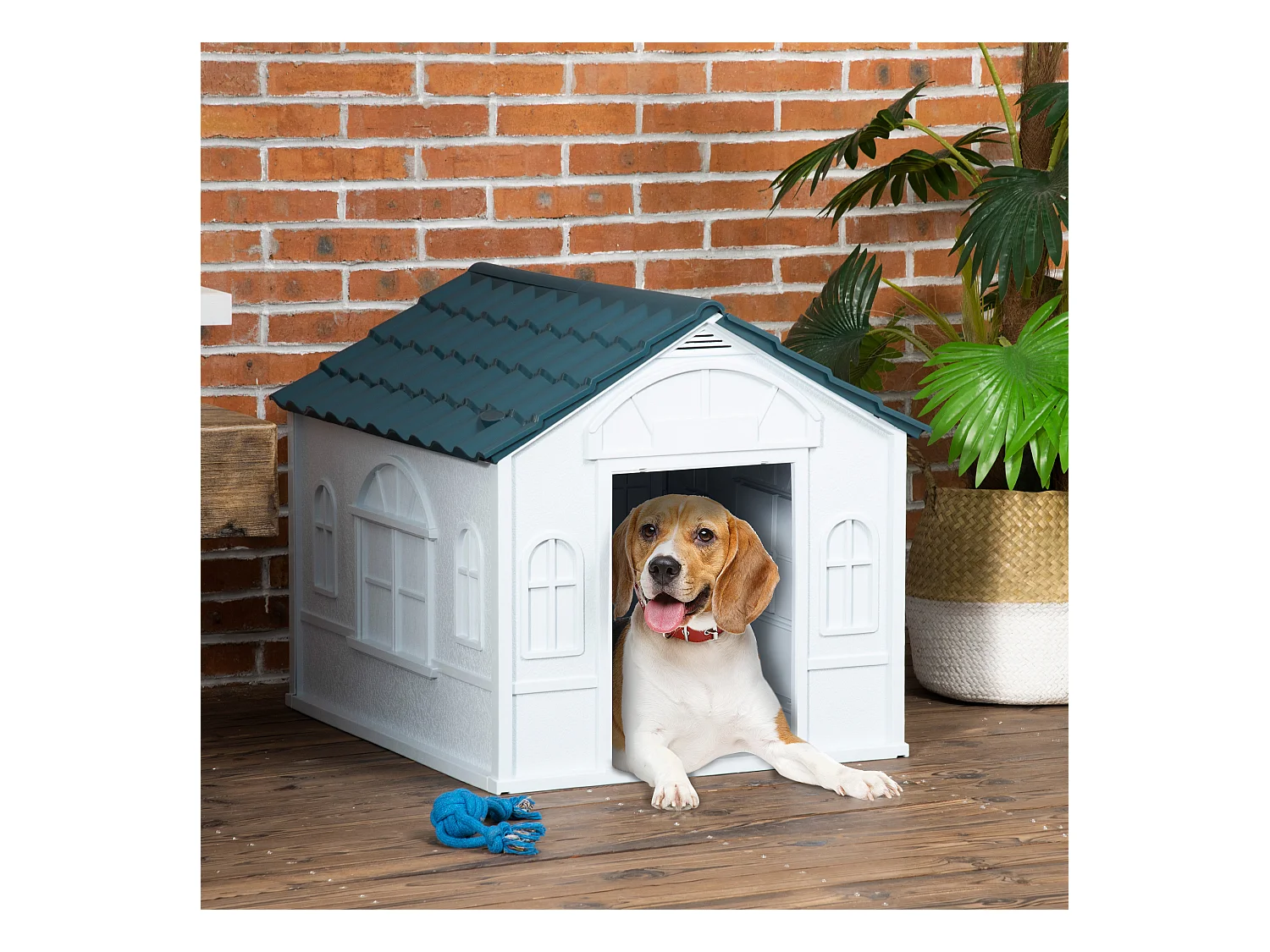 Niche pour chien design maisonnette - dim. 65L x 75l x 63H cm - PP bleu blanc