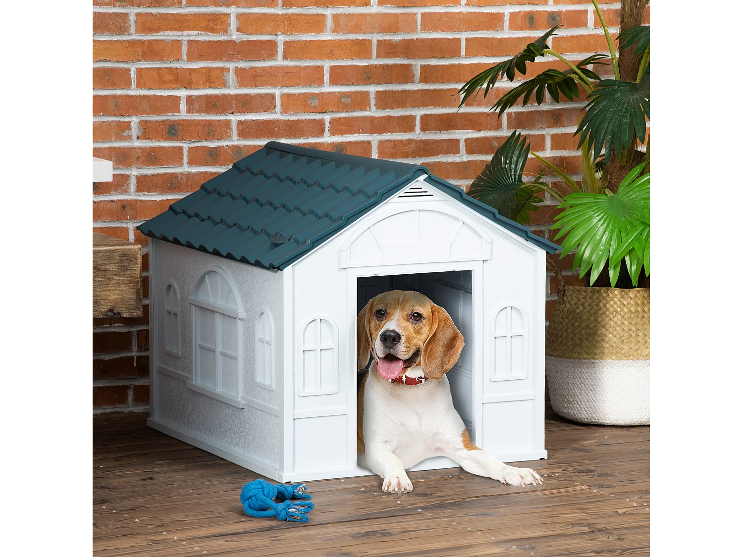 Niche pour chien design maisonnette - dim. 65L x 75l x 63H cm - PP bleu blanc