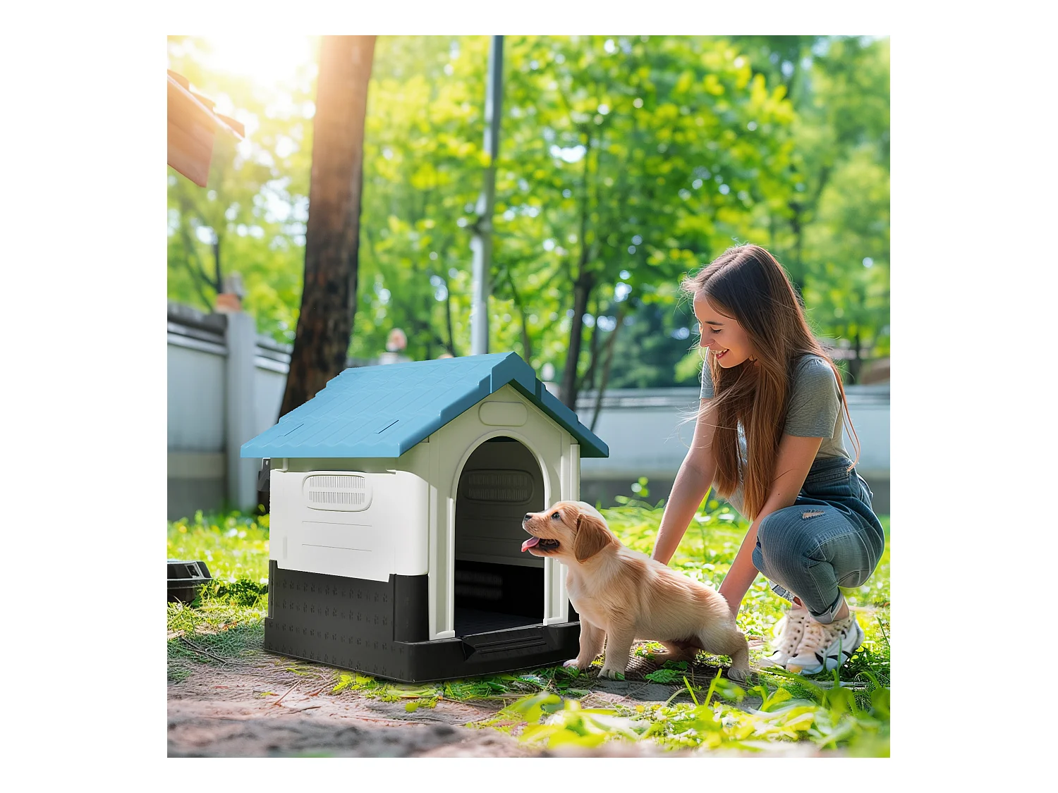 Niche pour chien - dim. 64L x 57l x 66H cm - PP bleu blanc