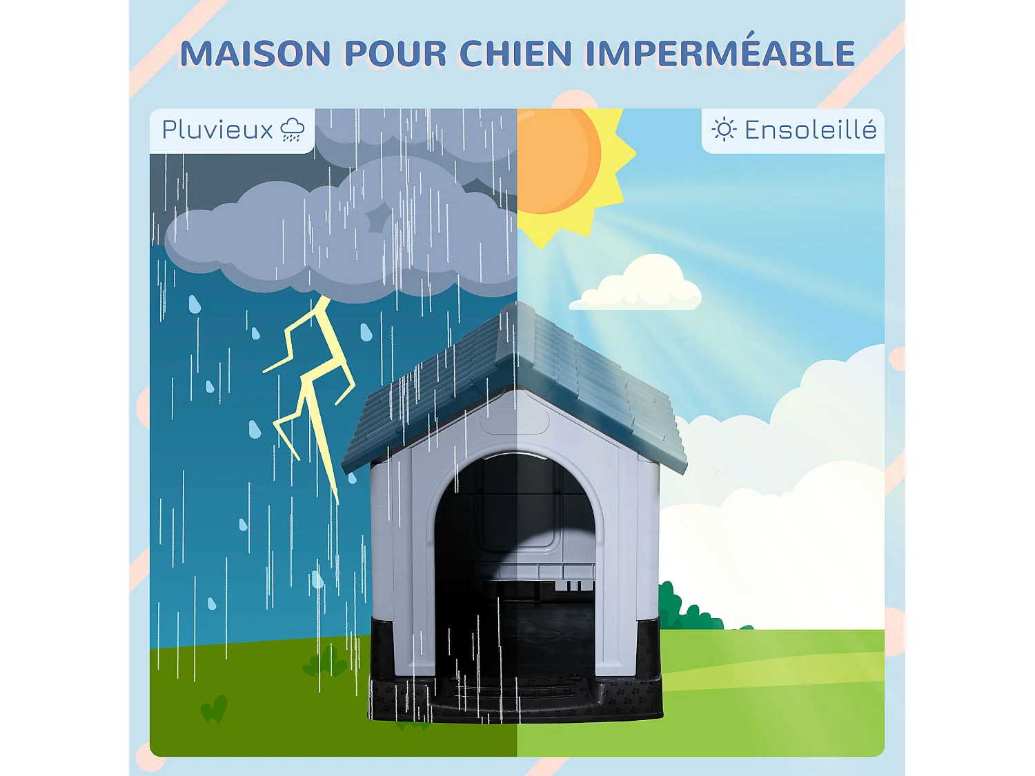 Niche pour chien - dim. 64L x 57l x 66H cm - PP bleu blanc