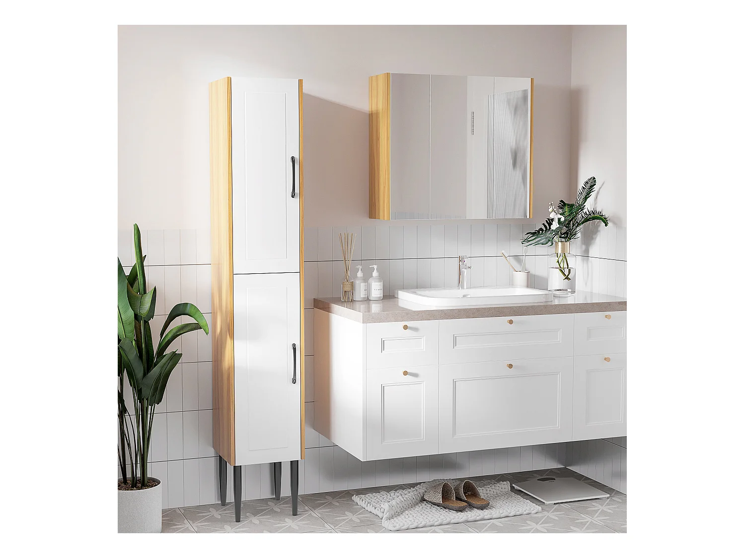 Armoire miroir salle de bain 3 portes 4 étagères aspect bois clair blanc
