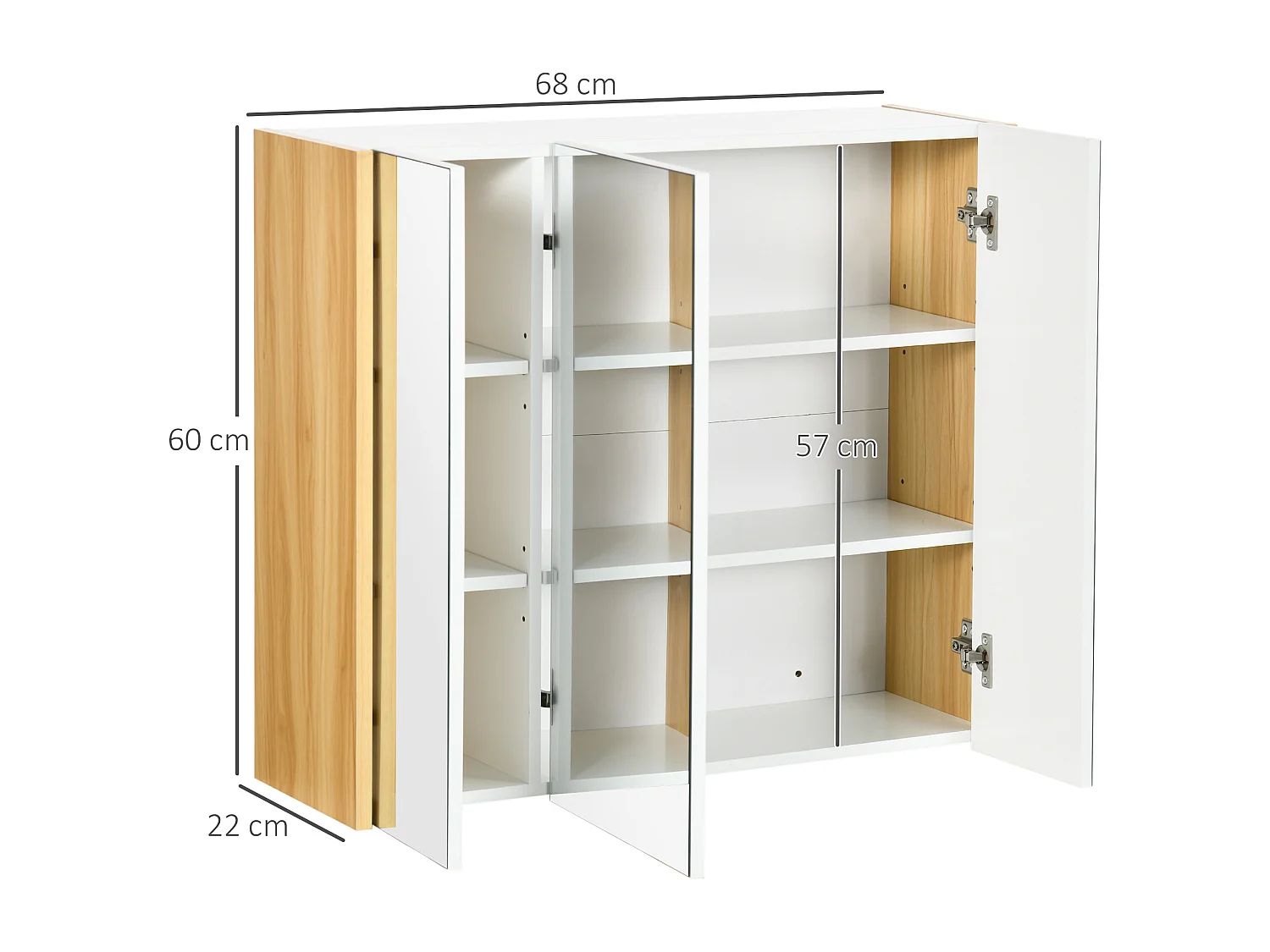 Armoire miroir salle de bain 3 portes 4 étagères aspect bois clair blanc