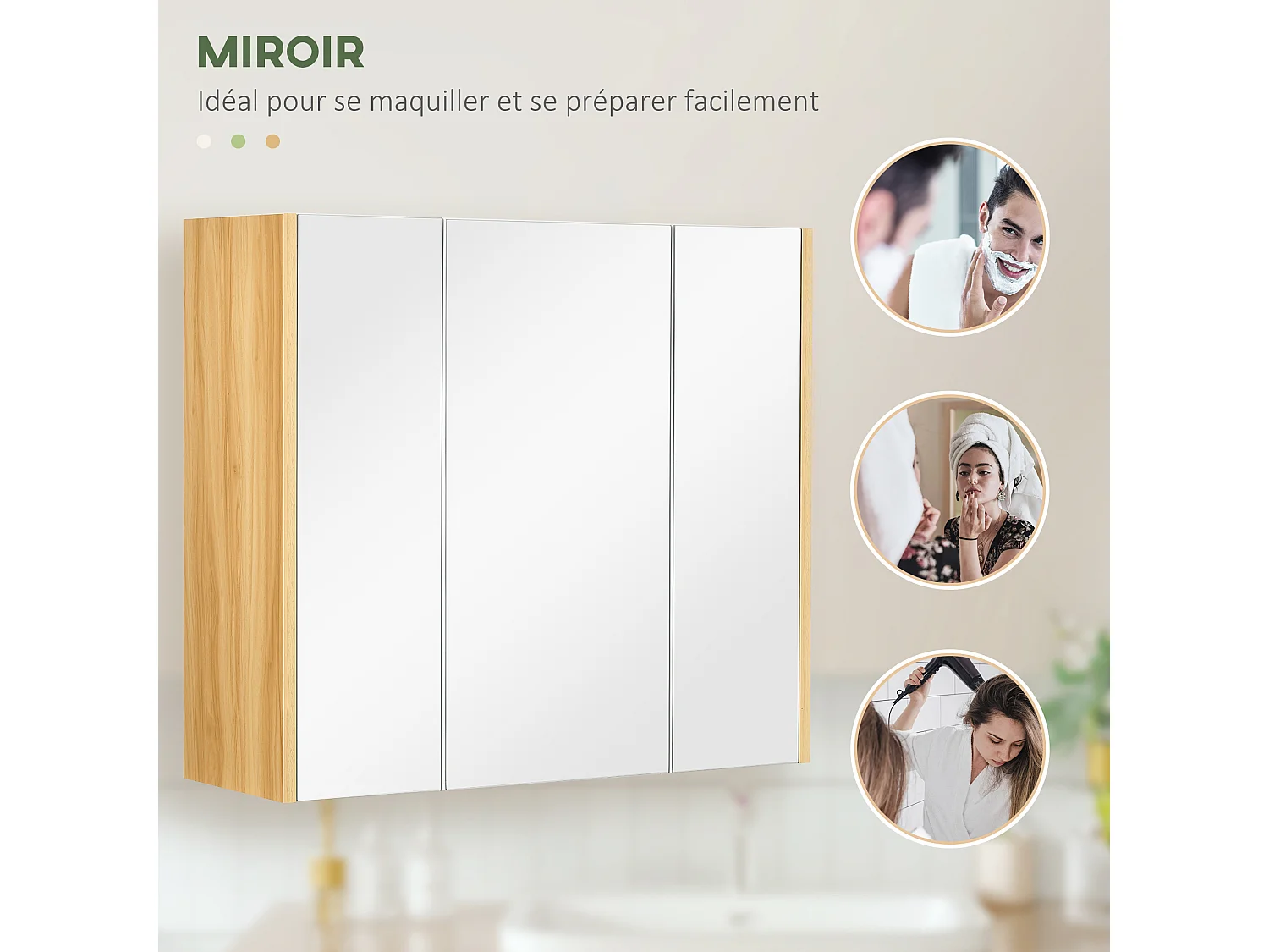 Armoire miroir salle de bain 3 portes 4 étagères aspect bois clair blanc