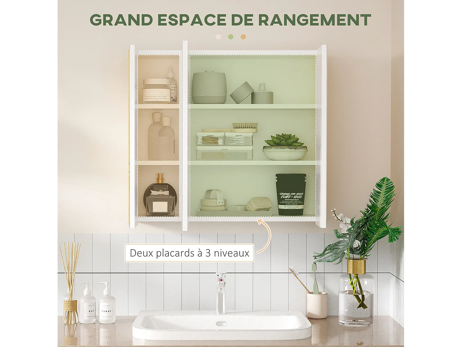 Armoire miroir salle de bain 3 portes 4 étagères aspect bois clair blanc