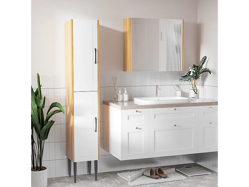 Armoire miroir salle de bain 3 portes 4 étagères aspect bois clair blanc