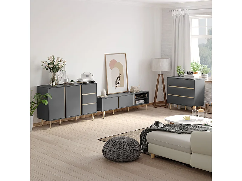 Meuble TV banc TV 2 portes 2 niches design scandinave panneaux particules gris aspect bois clair