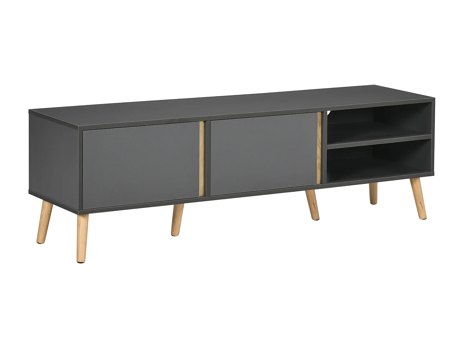 Meuble TV banc TV 2 portes 2 niches design scandinave panneaux particules gris aspect bois clair