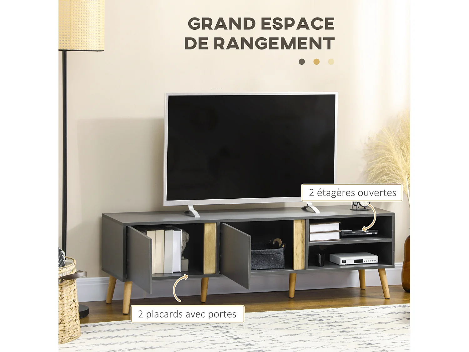 Meuble TV banc TV 2 portes 2 niches design scandinave panneaux particules gris aspect bois clair