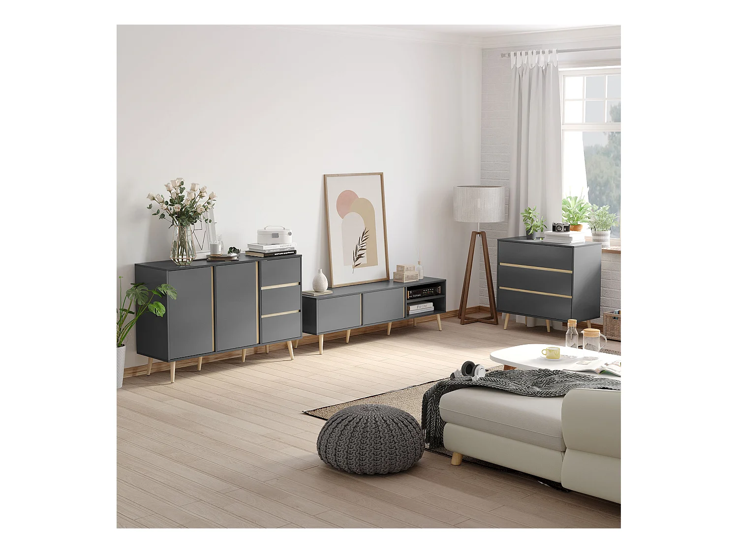 Meuble TV banc TV 2 portes 2 niches design scandinave panneaux particules gris aspect bois clair