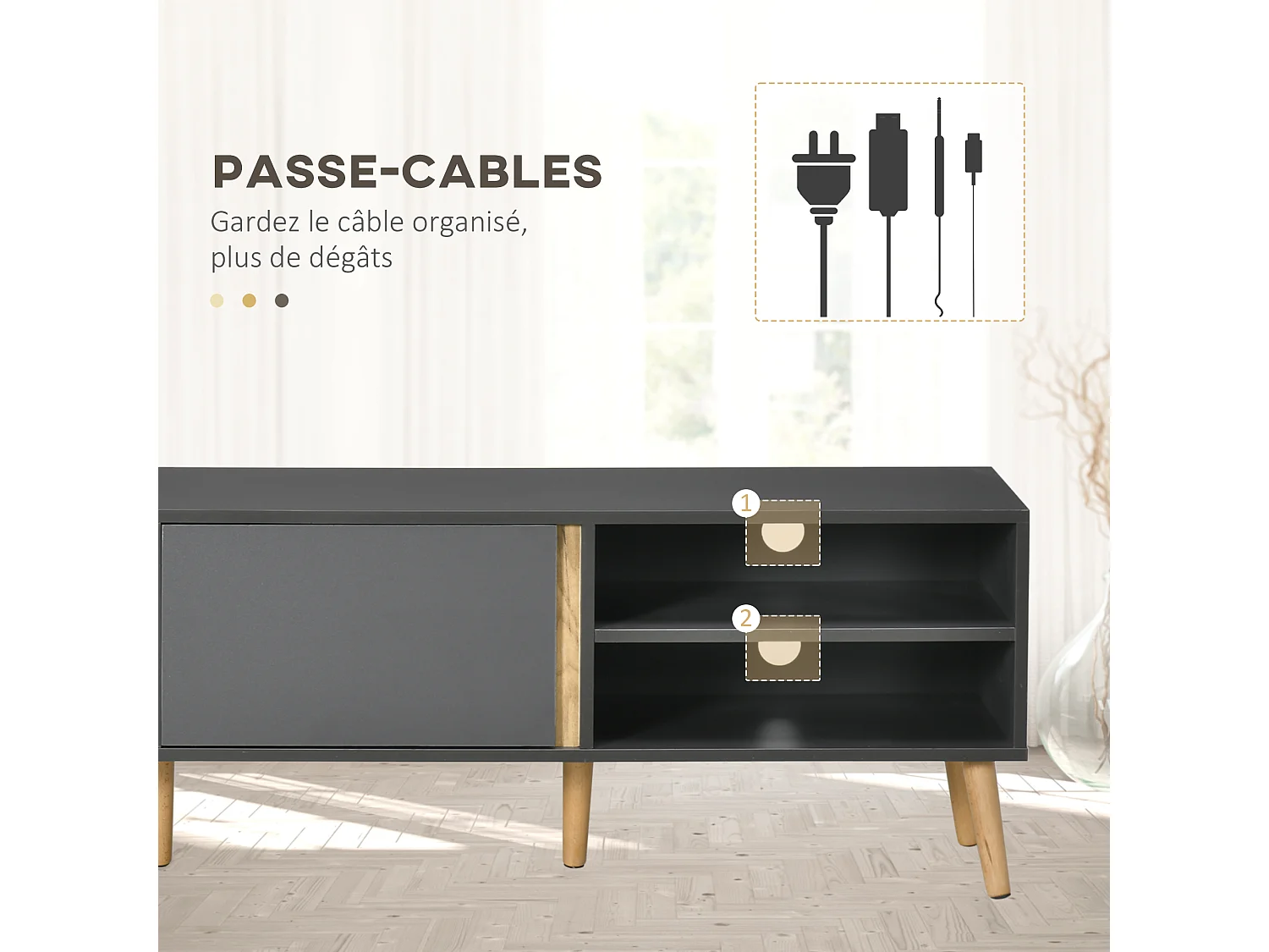 Meuble TV banc TV 2 portes 2 niches design scandinave panneaux particules gris aspect bois clair