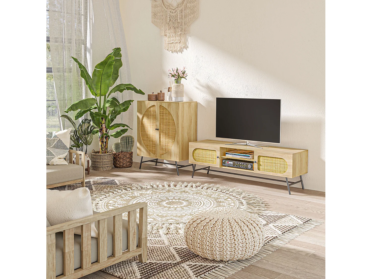 Meuble TV banc TV 2 portes cannage rotin 2 niches piètement métal noir aspect chêne clair