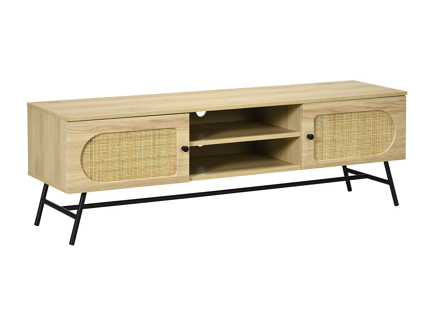 Meuble TV banc TV 2 portes cannage rotin 2 niches piètement métal noir aspect chêne clair