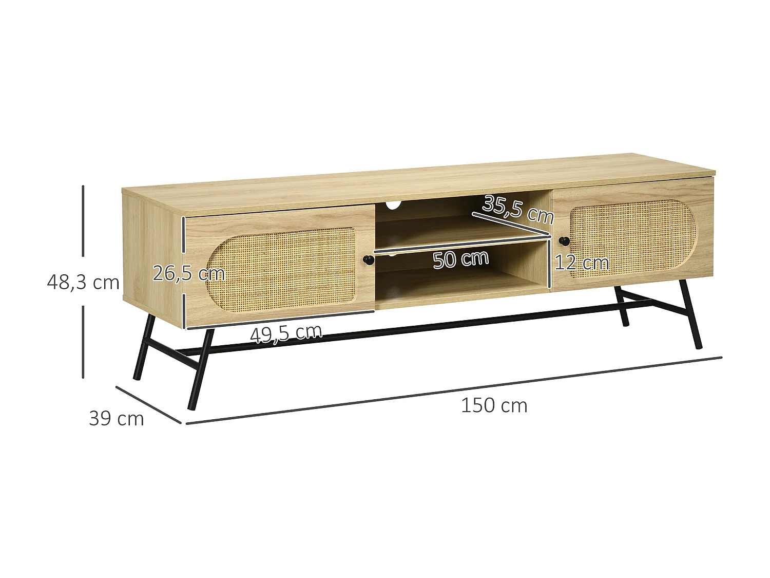 Meuble TV banc TV 2 portes cannage rotin 2 niches piètement métal noir aspect chêne clair