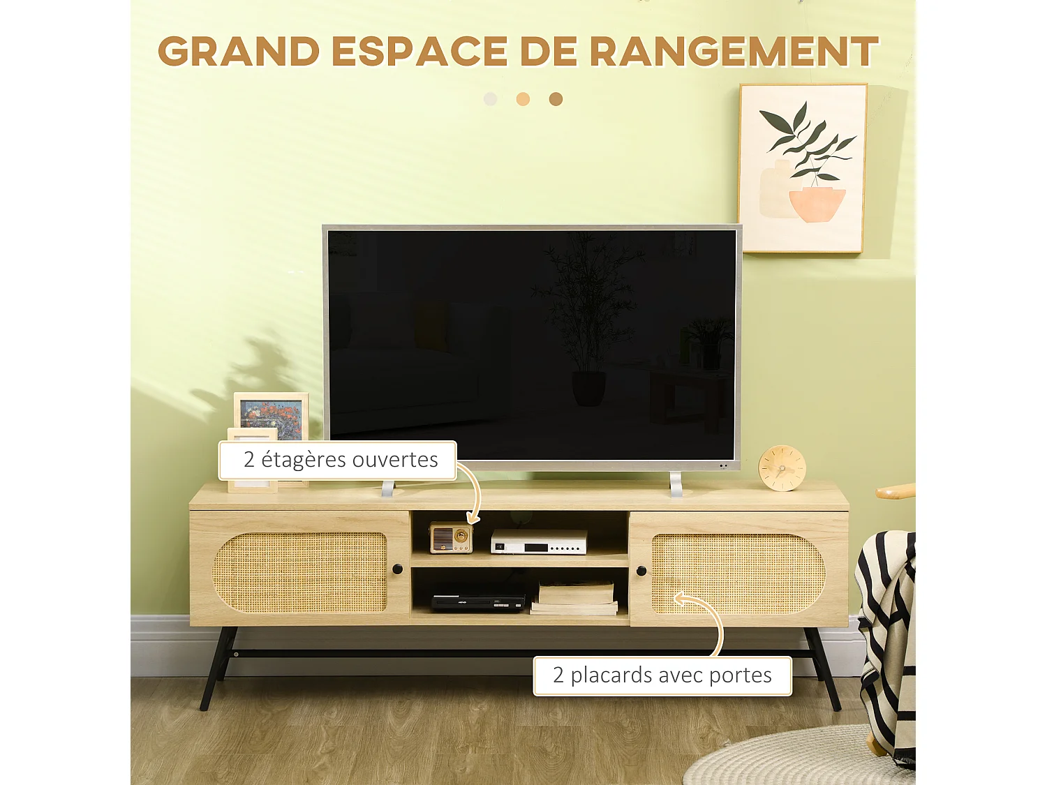 Meuble TV banc TV 2 portes cannage rotin 2 niches piètement métal noir aspect chêne clair