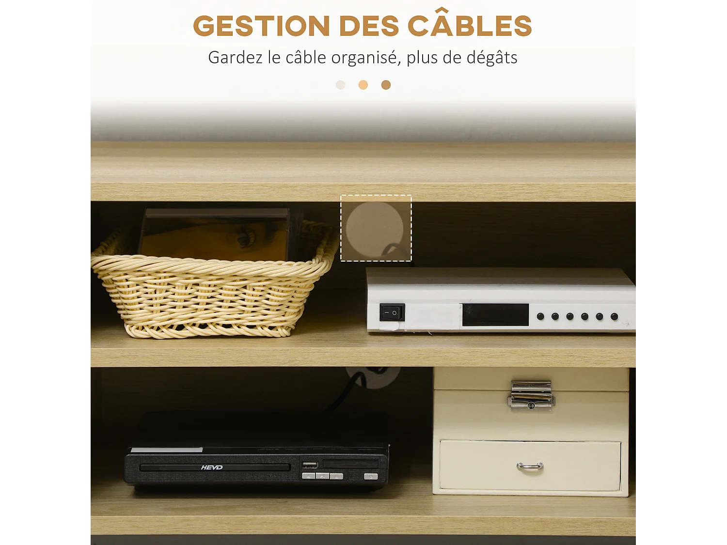 Meuble TV banc TV 2 portes cannage rotin 2 niches piètement métal noir aspect chêne clair