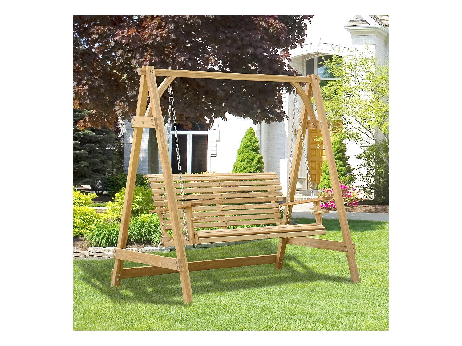 Balancelle de jardin 2 places dim. 1,8L x 1,2l x 1,85H m accoudoirs supports verres bois de mélèze pré-huilé