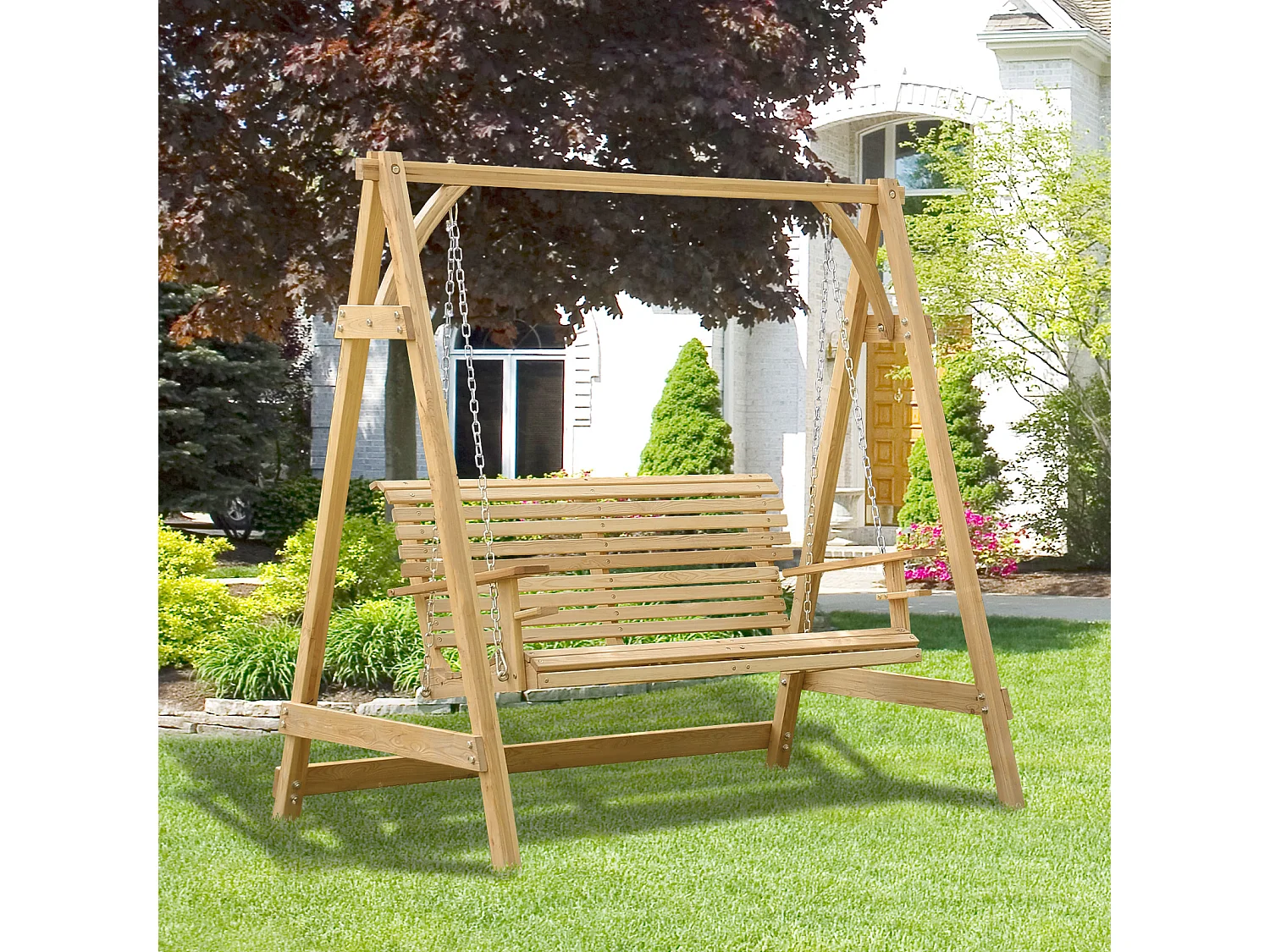 Balancelle de jardin 2 places dim. 1,8L x 1,2l x 1,85H m accoudoirs supports verres bois de mélèze pré-huilé