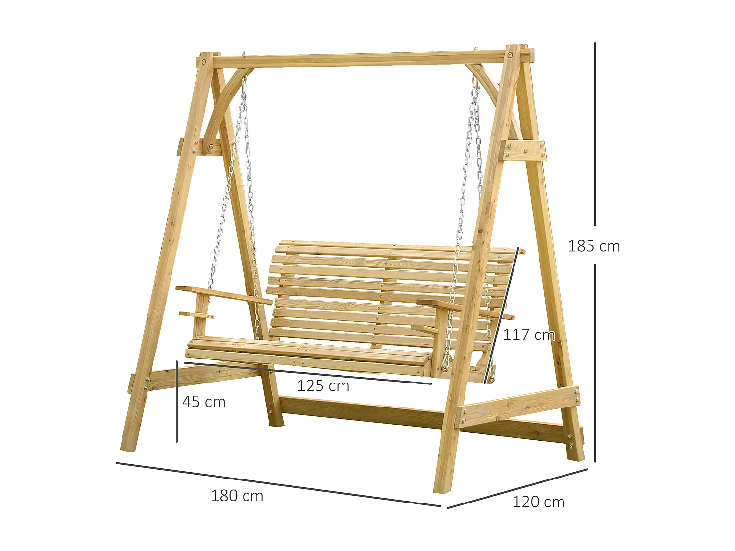 Balancelle de jardin 2 places dim. 1,8L x 1,2l x 1,85H m accoudoirs supports verres bois de mélèze pré-huilé