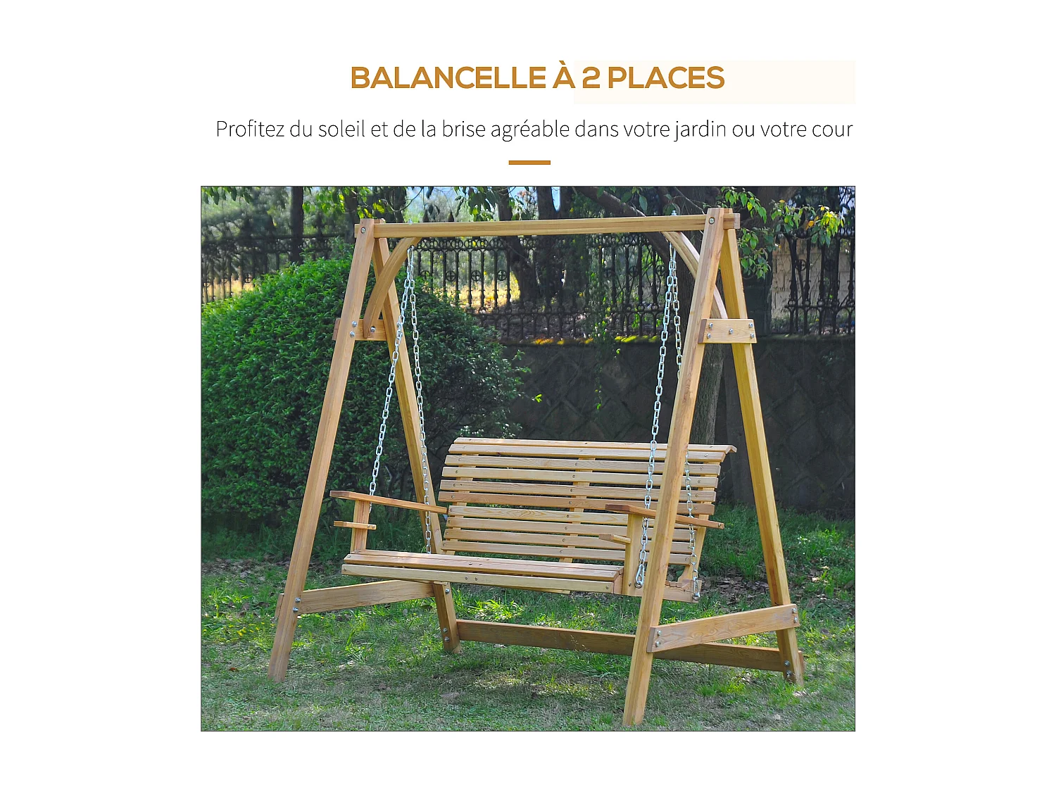 Balancelle de jardin 2 places dim. 1,8L x 1,2l x 1,85H m accoudoirs supports verres bois de mélèze pré-huilé