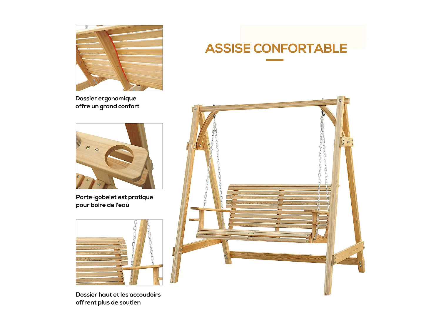 Balancelle de jardin 2 places dim. 1,8L x 1,2l x 1,85H m accoudoirs supports verres bois de mélèze pré-huilé