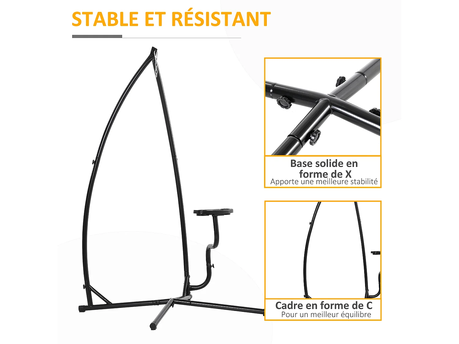 Support pour fauteuil suspendu - pied fauteuil suspendu - tablette réglable incluse - charge max. recommandée 120 Kg