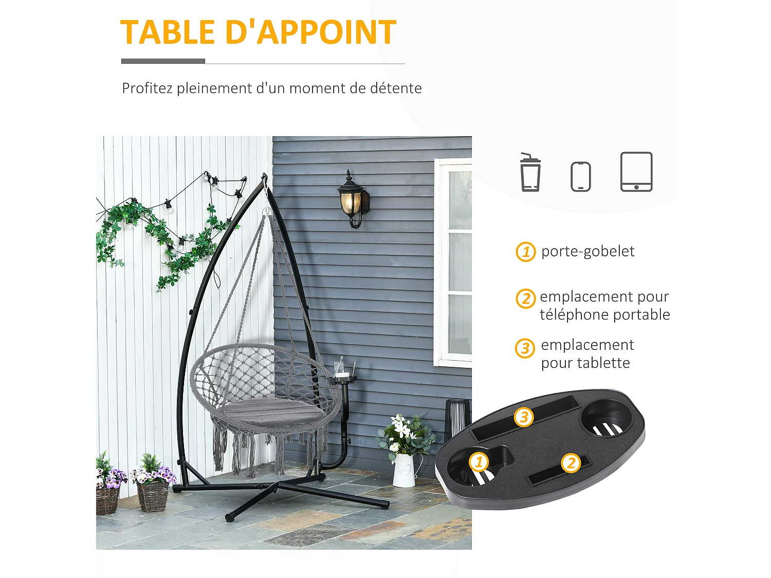 Support pour fauteuil suspendu - pied fauteuil suspendu - tablette réglable incluse - charge max. recommandée 120 Kg