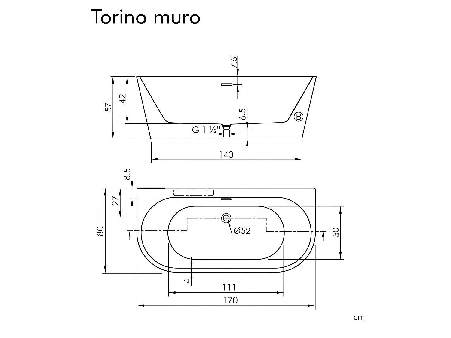 Freistehende Badewanne TORINO MURO | SANYCCES 170 cm - mit Seitenarmatur