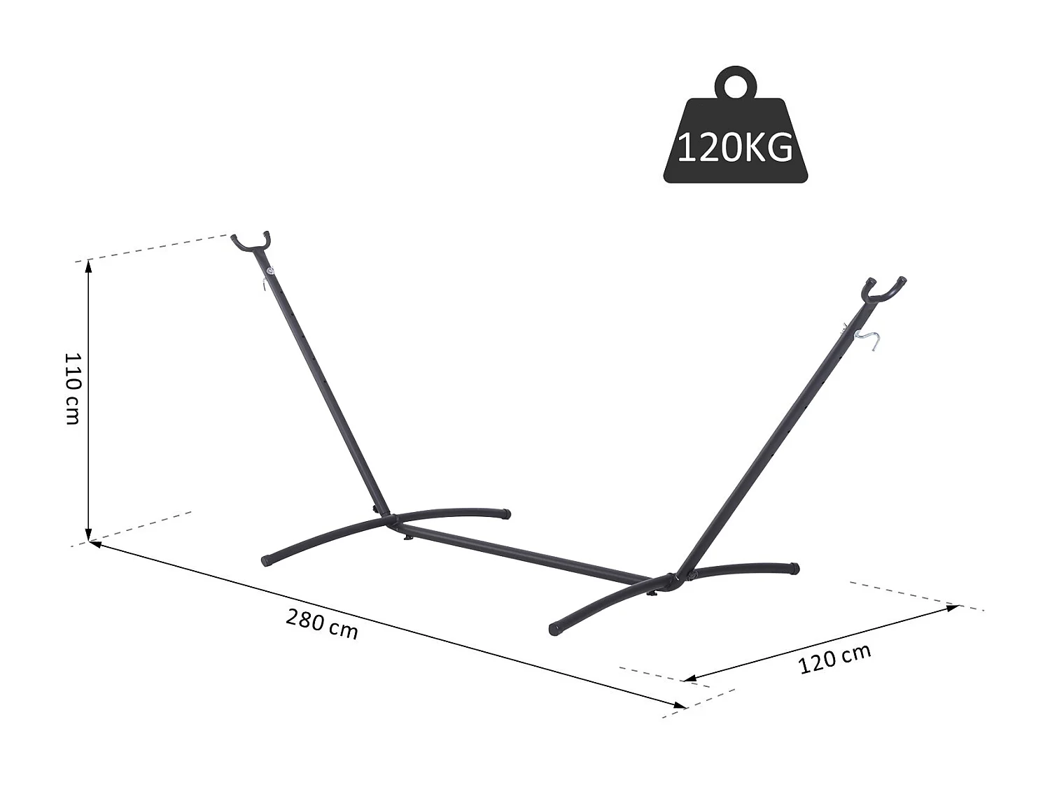 Support pied de hamac structure robuste métal époxy noir hauteur réglable 6 niveaux dim. 2,80L x 1,20l x 1,10H m