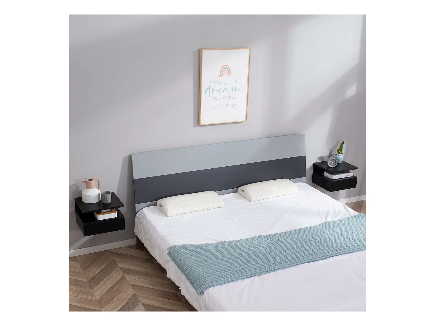 Lot de 2 tables de chevet murales - lot de 2 tables de nuit - tiroir coulissant, niche et plateau - panneau particules noir