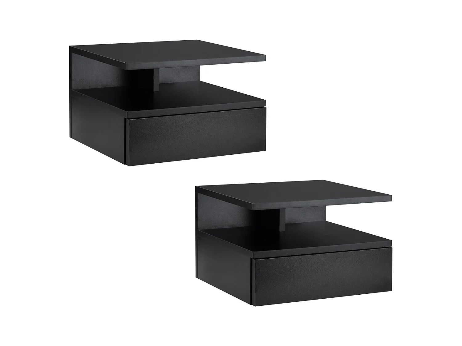 Lot de 2 tables de chevet murales - lot de 2 tables de nuit - tiroir coulissant, niche et plateau - panneau particules noir