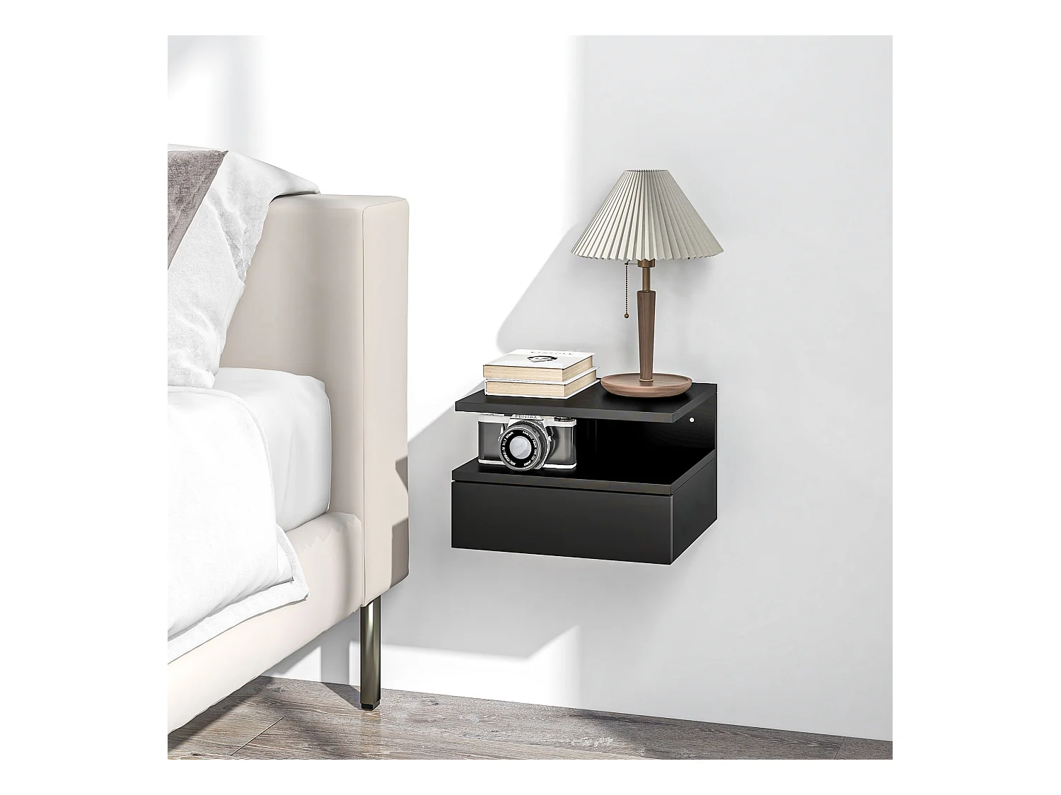 Lot de 2 tables de chevet murales - lot de 2 tables de nuit - tiroir coulissant, niche et plateau - panneau particules noir