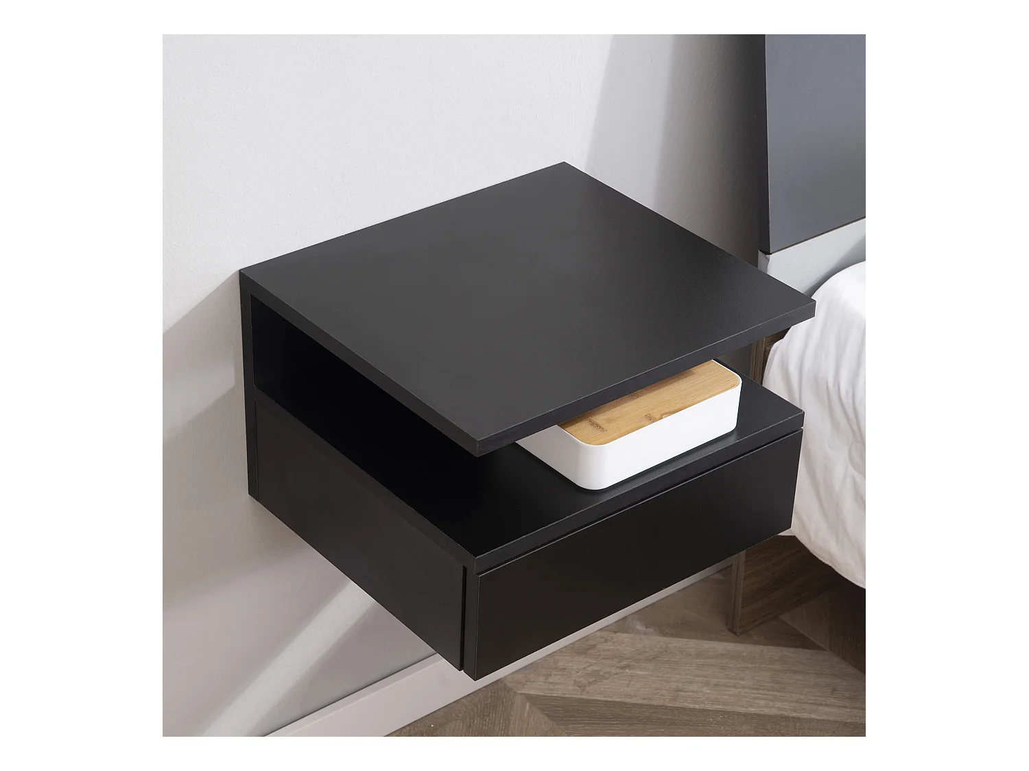 Lot de 2 tables de chevet murales - lot de 2 tables de nuit - tiroir coulissant, niche et plateau - panneau particules noir