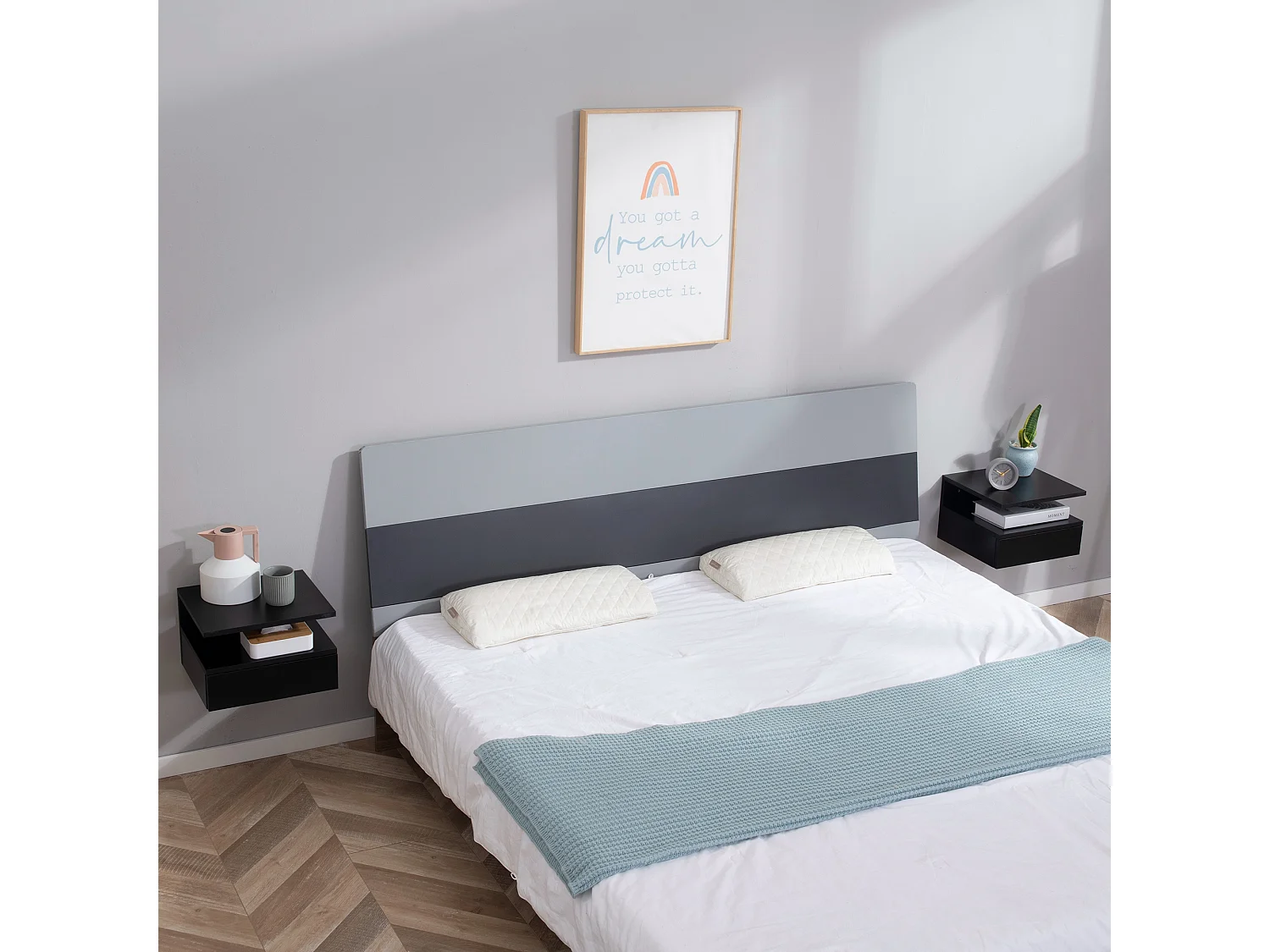 Lot de 2 tables de chevet murales - lot de 2 tables de nuit - tiroir coulissant, niche et plateau - panneau particules noir