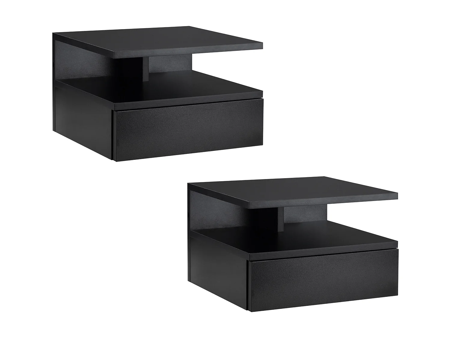 Lot de 2 tables de chevet murales - lot de 2 tables de nuit - tiroir coulissant, niche et plateau - panneau particules noir