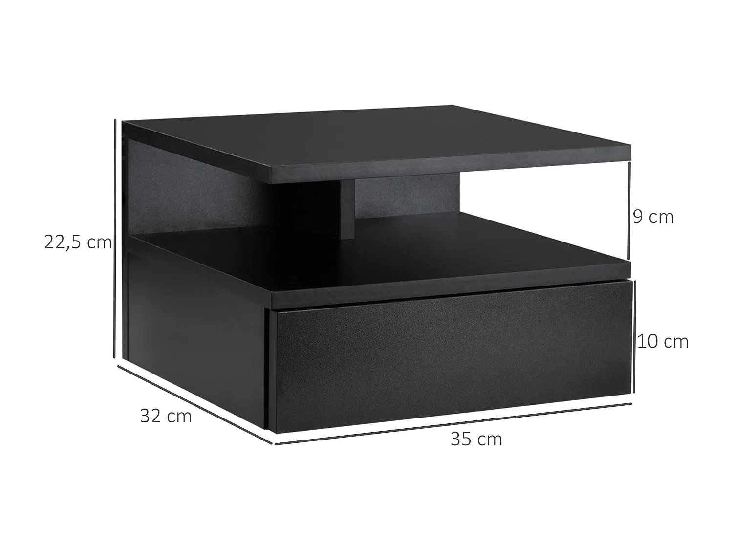 Lot de 2 tables de chevet murales - lot de 2 tables de nuit - tiroir coulissant, niche et plateau - panneau particules noir