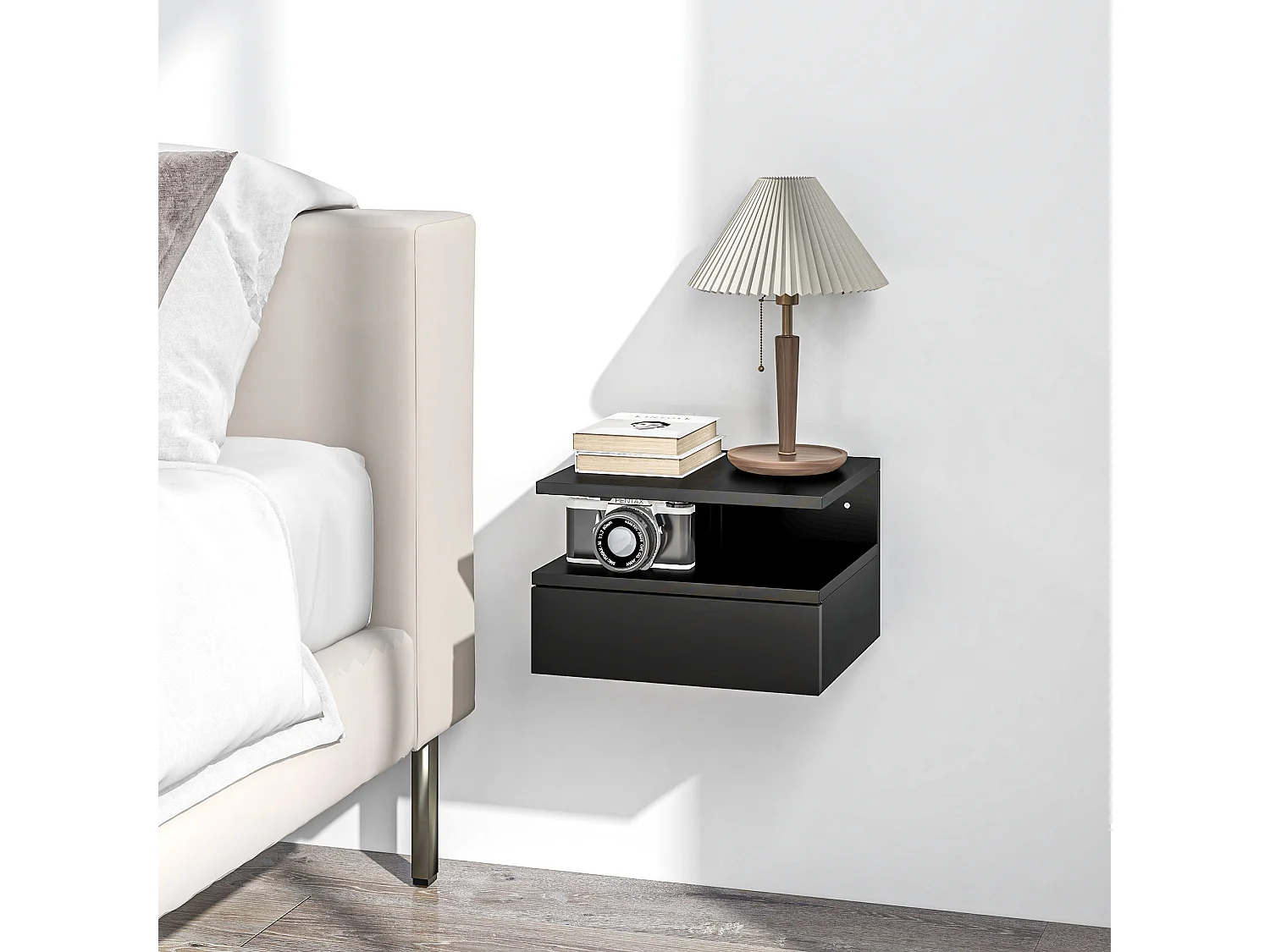 Lot de 2 tables de chevet murales - lot de 2 tables de nuit - tiroir coulissant, niche et plateau - panneau particules noir