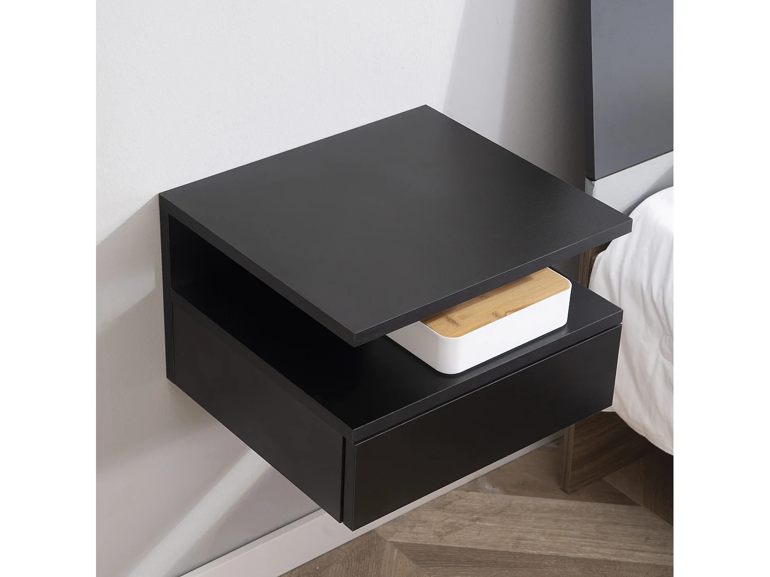 Lot de 2 tables de chevet murales - lot de 2 tables de nuit - tiroir coulissant, niche et plateau - panneau particules noir