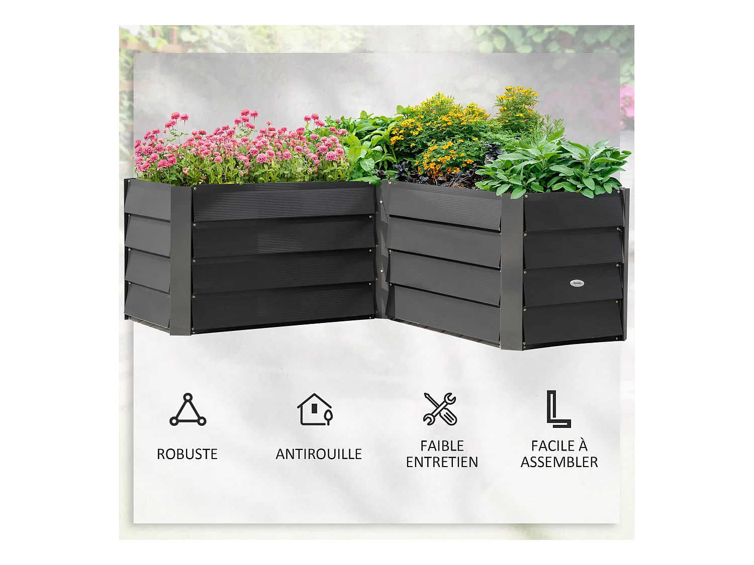 Carré potager de jardin jardinière d'angle sans fond - 115L x 115l x 44H cm - acier galvanisé gris foncé