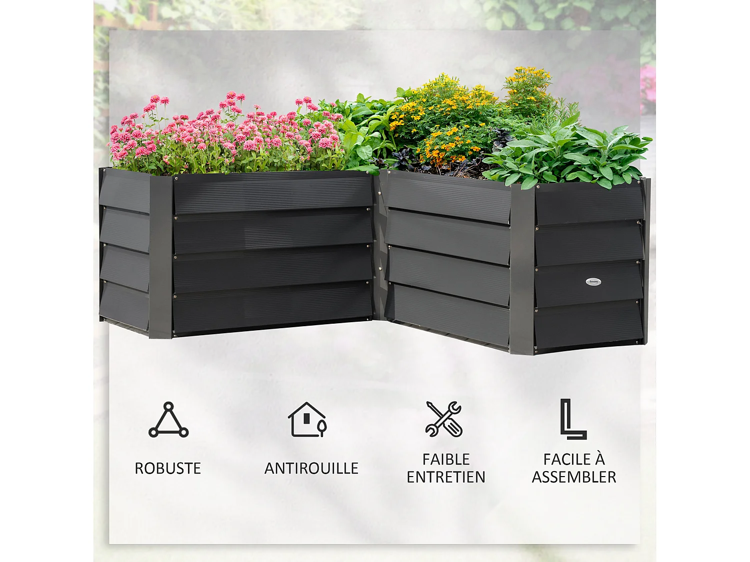 Carré potager de jardin jardinière d'angle sans fond - 115L x 115l x 44H cm - acier galvanisé gris foncé