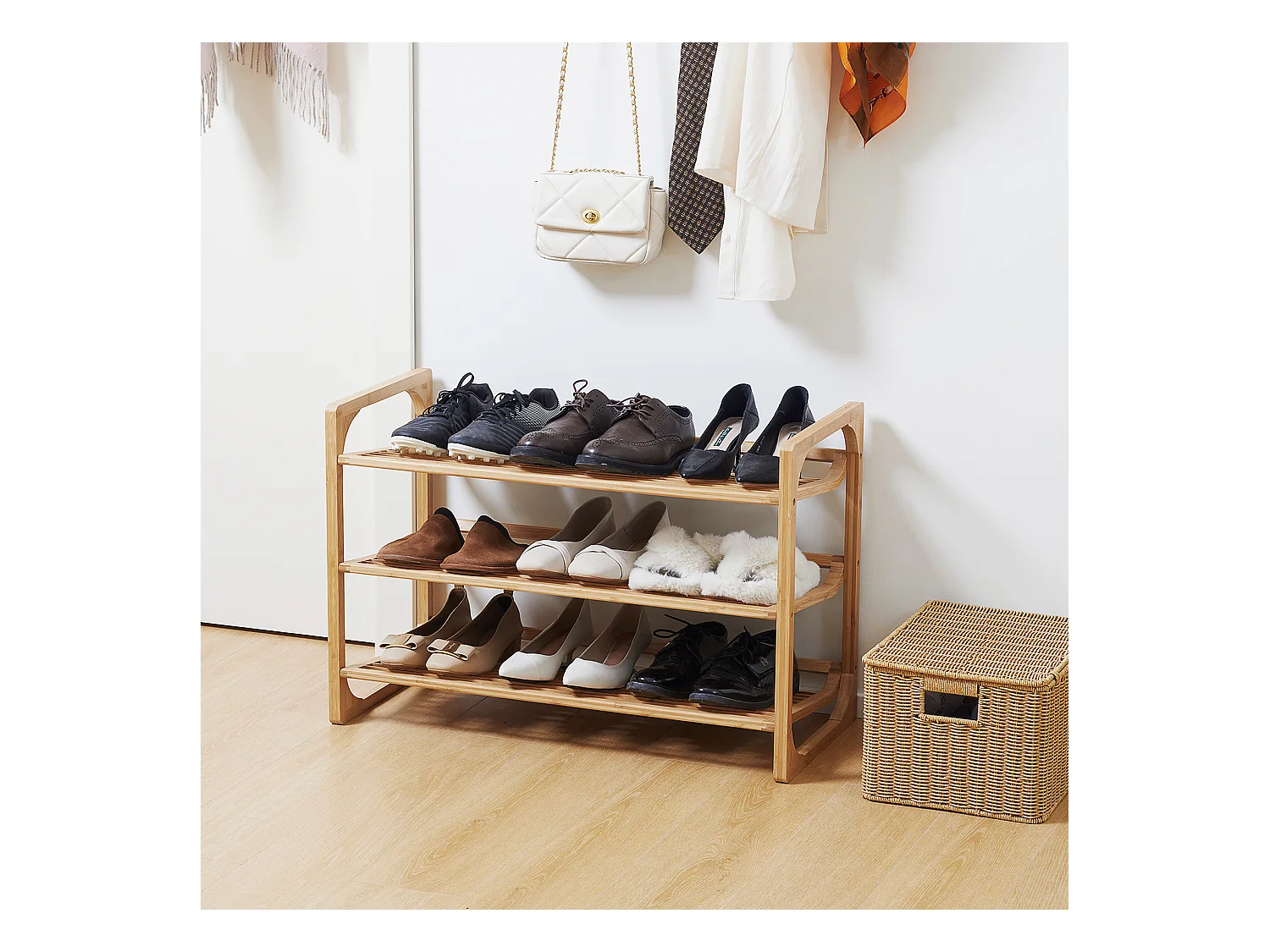 Étagère à chaussures bambou 3 étagères style naturel dim. 76L x 33l x 51H cm