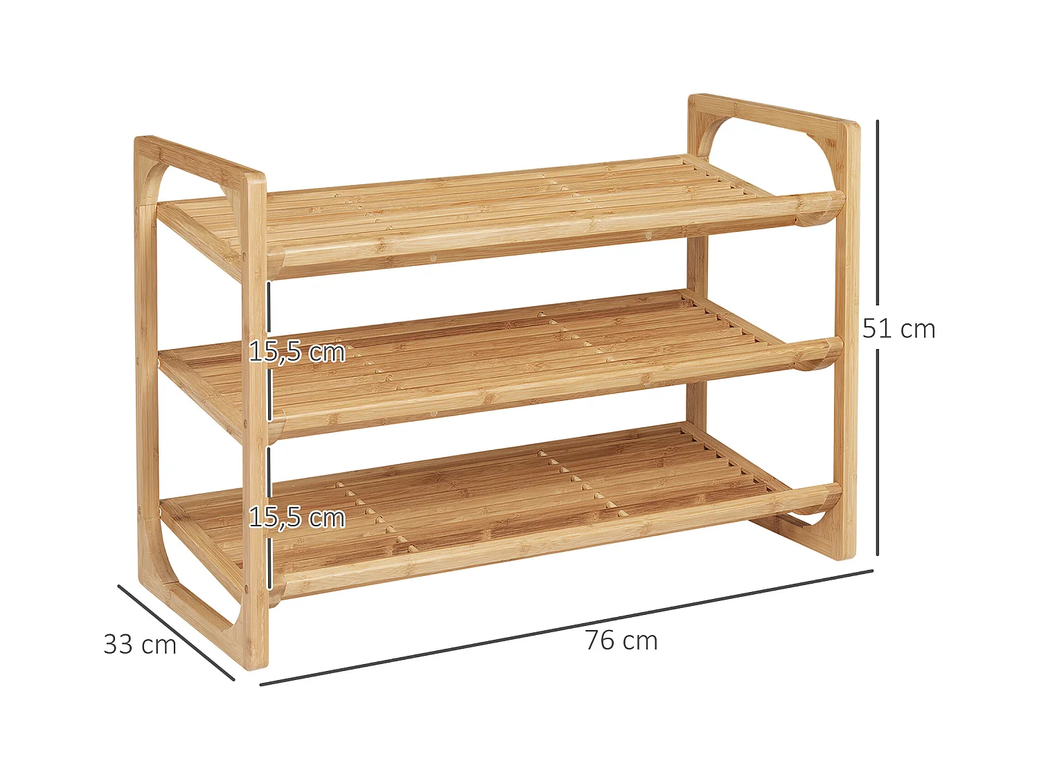 Étagère à chaussures bambou 3 étagères style naturel dim. 76L x 33l x 51H cm