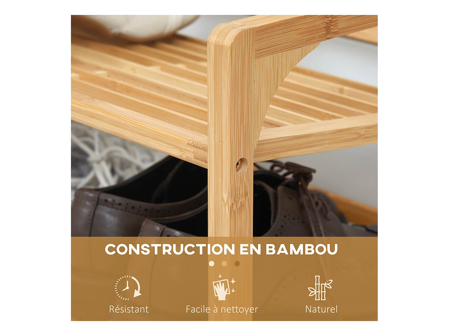 Étagère à chaussures bambou 3 étagères style naturel dim. 76L x 33l x 51H cm