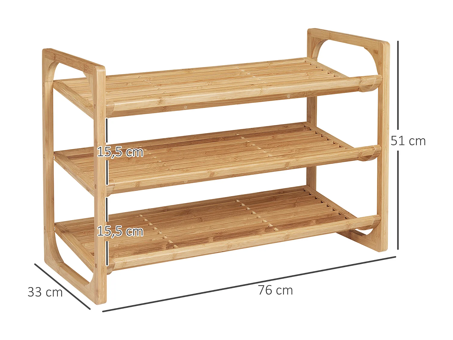 Étagère à chaussures bambou 3 étagères style naturel dim. 76L x 33l x 51H cm